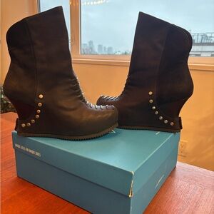 John Fluevog Black Conquer Maleika Studded Wedge Ankle Boots